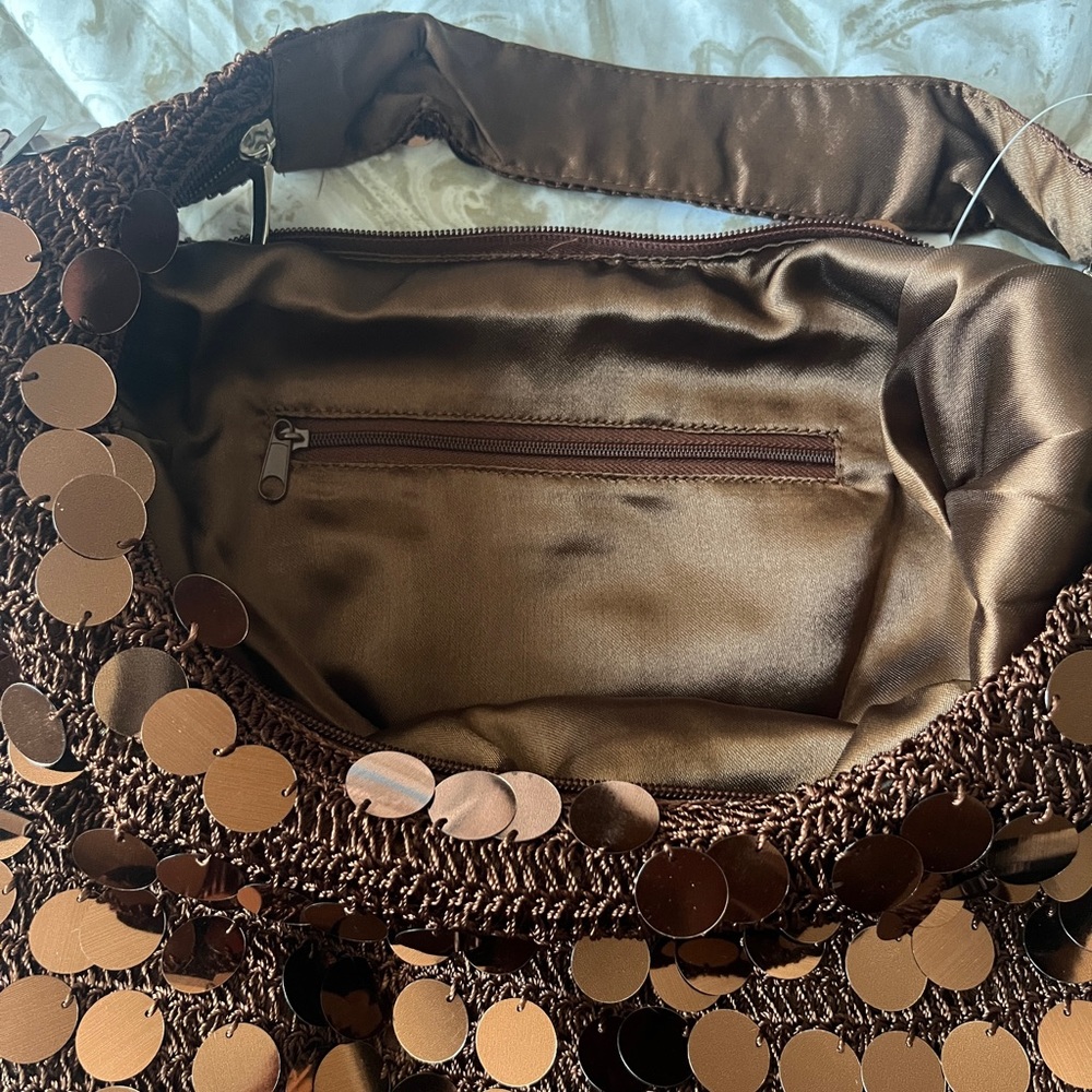 NWT - Vintage Brown Sequins Baguette Crochet Bag, Shimmer 90’s Shoulder Purse - Picture 7 of 7